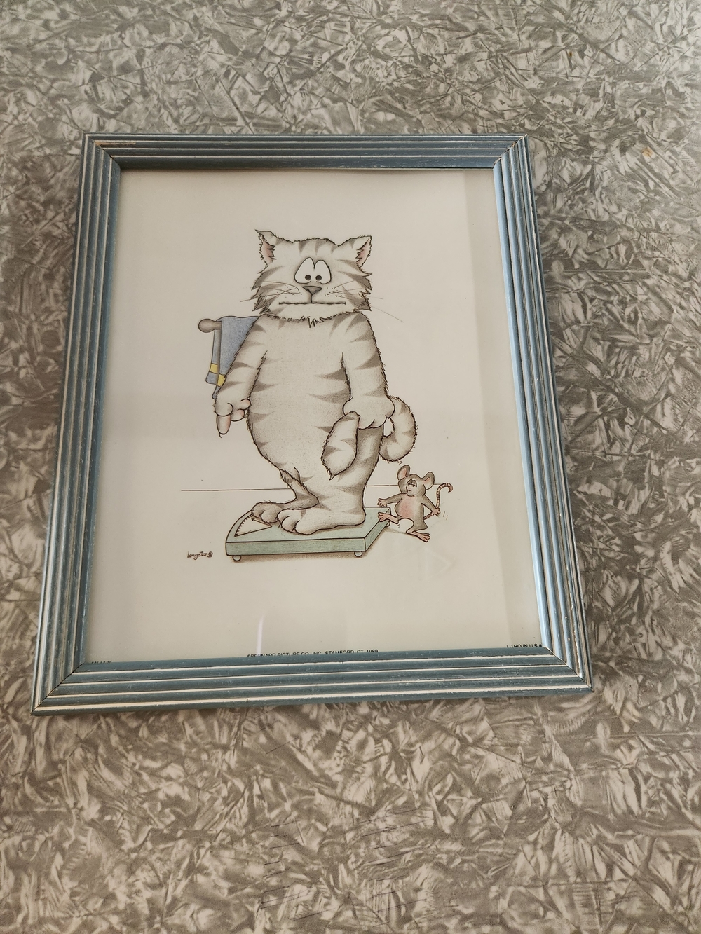 Whimsical Cat Art Print in Light Blue Frame - Charming Pet Illustration